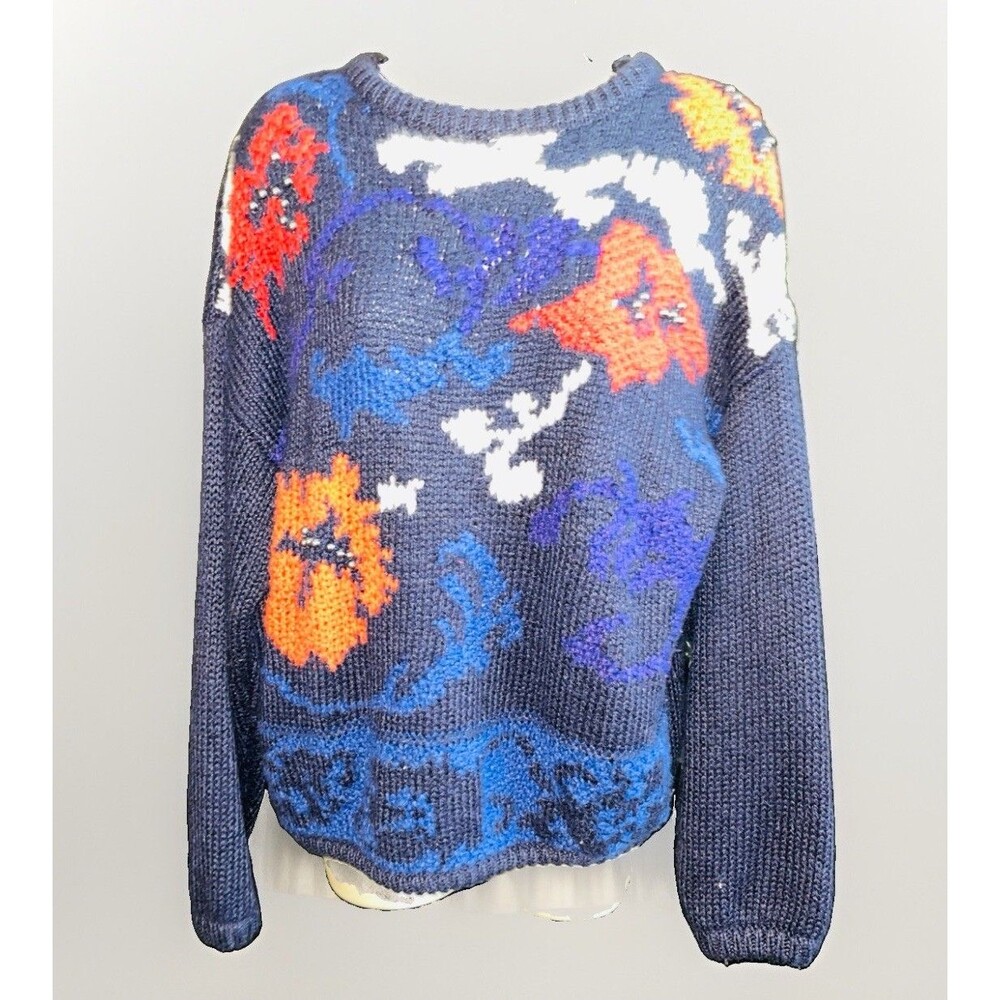 Vintage Kitty Hawk by Vivian Wang M Floral Beaded Knit Sweater 80s 90s Navy